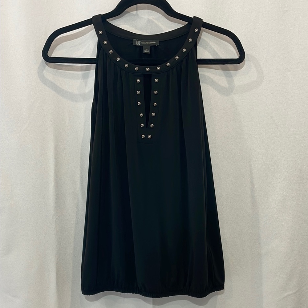 INC International Concepts Black Sleeveless Tank Top with Embellished Neckline